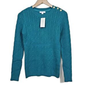 Charter Club Cable Knit‎ Sweater Womans Size XS Turquoise Button Trim NEW